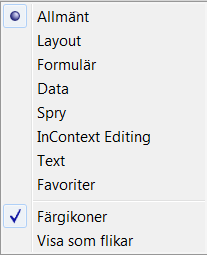 Panelen Infoga Den viktigaste panelen i Dreamweaver kallas Infoga. Den innehåller knappar som används för att skapa och infoga olika HTML-objekt såsom länkar, bilder och tabeller.