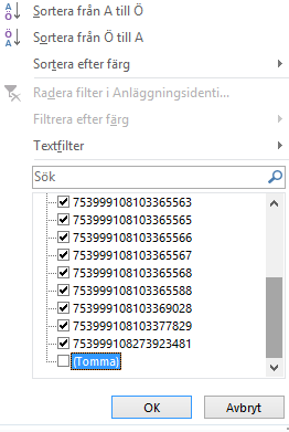 4 (5) Tillämpa filtreringsfunktionen för att identifiera bl.a. tomma kolumner, avsändare, dubbletter mm. Exempelvis kan man använda filtreringsfunktionen för att hitta dubbletter av GSRN-koder.