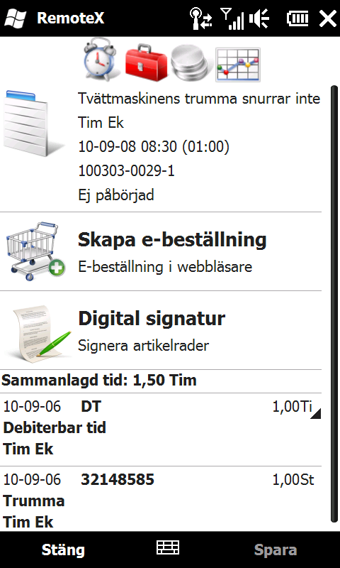 4.6.5 Sammanställning av artiklar Klicka på den sista ikonen för att se tid, material och inköp som registrerats på ärendet. Skapa e-beställning Detta är en tilläggsmodul.