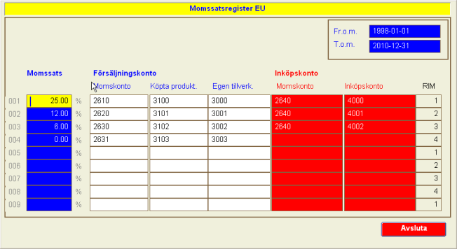 Användarmanual 48 Momssatser Definition av momssatser för ej EU kontoplan Momssatser EU Definition av momssatser för EU kontoplan Kontofördelning (definition för autokontering) Definition av