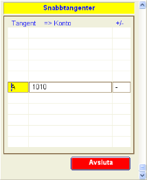 Användarmanual 50 Snabbtangenter Bokstäver A.. Z kan programmeras som snabbtangenter. Ex. Tangent A programmerades mot konto 1010 och markören skall flyttas till Kredit (-) sidan. Lägg upp rad 1.