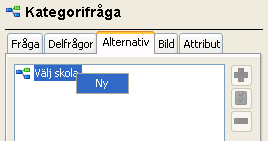 OBS! Det går att ha max tre delfrågor! 2.2.7.3Fliken Alternativ Efter att man lagt till delfråga 1, går man till fliken Alternativ. Här syns frågan som man fyllde i ( Välj skola ).