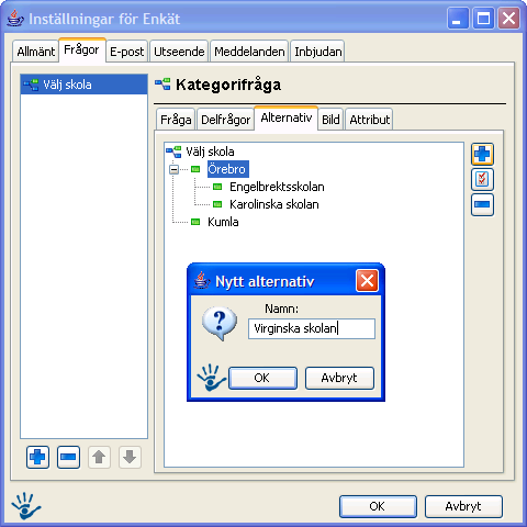 Klicka på fliken Alternativ. Markera ett alternativ tex Örebro och lägg till ett nytt alternativ ( Skola ) under Örebro med hjälp av plusknappen. Lägg till alla skolalternativ för Örebro.