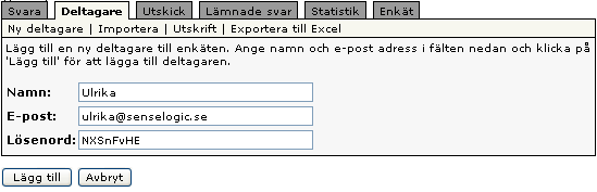 3.2.1 Ny deltagare Om enkäten är sluten måste man ha skickat ut inloggningsuppgifter till de som skall få delta i enkäten.