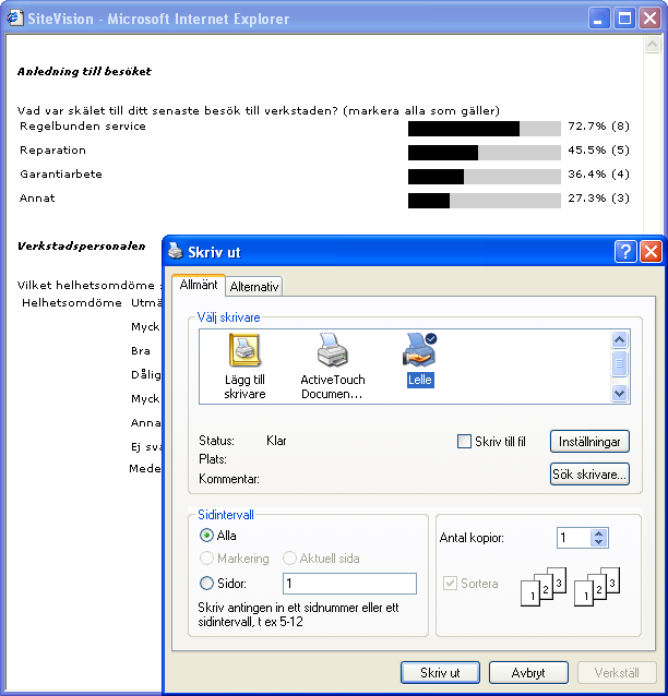 3.5.3 Utskrift Utskriften öppnar ett nytt fönster där bara svaren syns med svartvita staplar. Dialogrutan för skrivaren öppnar sig också. 3.5.4 Exportera till Excel Denna länk skapar ett Excel-dokument av lämnade svar.