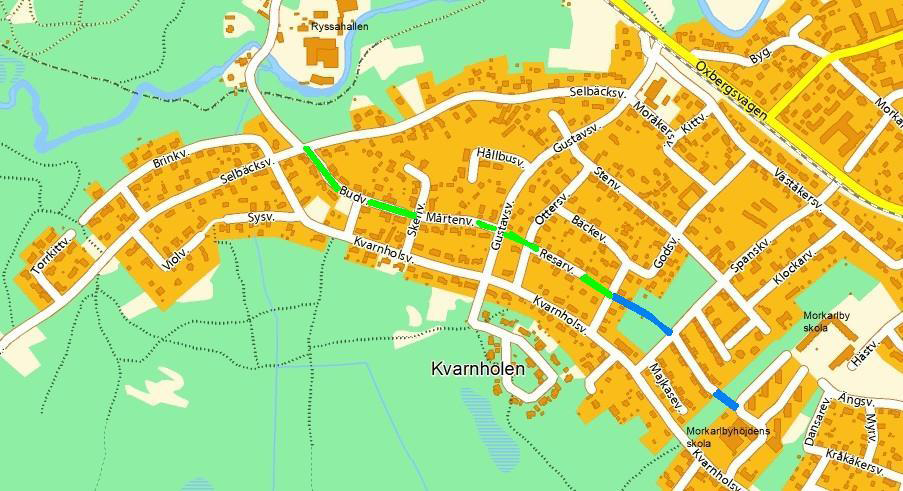 BLÅ. Bygg en gång- och cykelväg mellan Resarv. och Morkarlbyhöjdens skola. Nytt från Resarv. genom skogen till Fyrverkeriv. och vidare till skolan.
