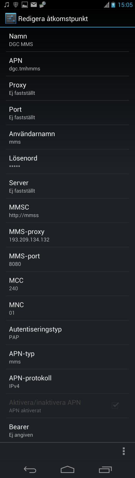 3.2 MMS Följande inställningar används för MMS. Se även bilden nedan. Observera att det kan skilja något på utseendet mellan olika Android-versioner: Adress: http://mmss/ IP-adress: 193.209.134.