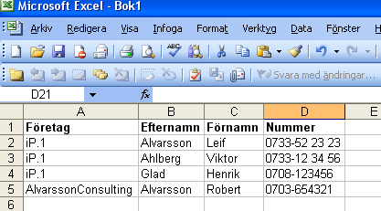 6. Filen sparas med namn t ex test.csv på skrivbordet. Välj Slutför Starta ip.1 WebbSMS och klicka på Importera kontakter, klicka på Bläddra och Gå till filen test.csv klicka på Öppna.