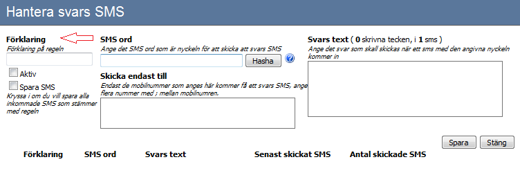 Svars SMS Svars SMS är ett nytt spännande tillägg till webbsms som gör det möjligt att automatiskt skicka ett svar på ett inkommande SMS. Mottagare nummer krävs för att tjänsten skall fungera.