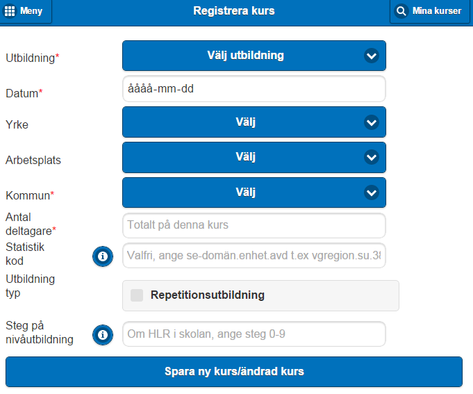 Registrera i registret Utbildningsregistret består av: Utbildade Utbildningar Kurser En utbildad har gått viss kurs som är av slaget Utbildning.