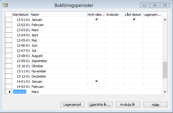 I fältet Startdatum matas den första dagen i det nya året in. I fältet Antal perioder matas antalet perioder som skall finnas i det nya året in, t.ex. 12 månader.