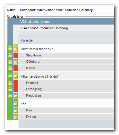 Delrapport Från en hel rapport kan du snabbt och enkelt skapa en delrapport som baseras på en eller flera variabler i undersökningen.