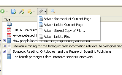 Karolinska Institutet Zotero: En kort handledning 10 (20) 3 Bifoga filer till den bibliografiska informationen Man kan också bifoga filer till den bibliografiska informationen.