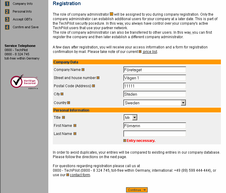 Figur 17: Första sidan av registreringsformuläret på TechPilot. Här har inte efternamnet angetts, därav den röda texten under inmatningsfältet.