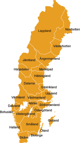 Figur 3-5: Indelning av Sverige i landsdelar och tillhörande landskap I Figur 3-6 redovisas resultaten som framarbetats med hjälp av statistiken från underlaget i databasen.