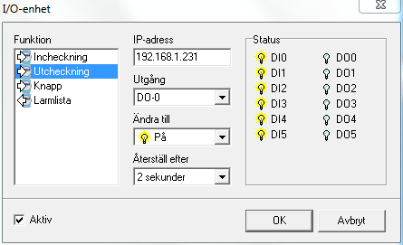 CardPro Visitor 6 13 I/O modul (Input/Output) Programmet kan kommunicera med en yttre så kallad I/O enhet av typ Adam-6060.