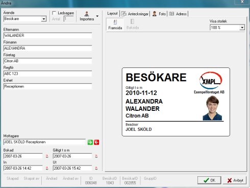 CardPro Visitor 6 21 Registreringsfönstret Ärende anger besökarens ärende, vilket samtidigt bestämmer besökskortets layout. Vid besök av en större grupp registreras ibland gruppens Ledsagare.