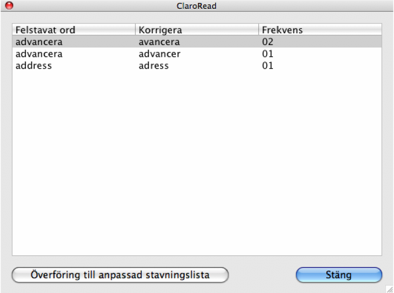 Från rapporten kan du välja markera ett val och klicka på 'Överföring till anpassad stavningslista' knappen för att lägga till det.