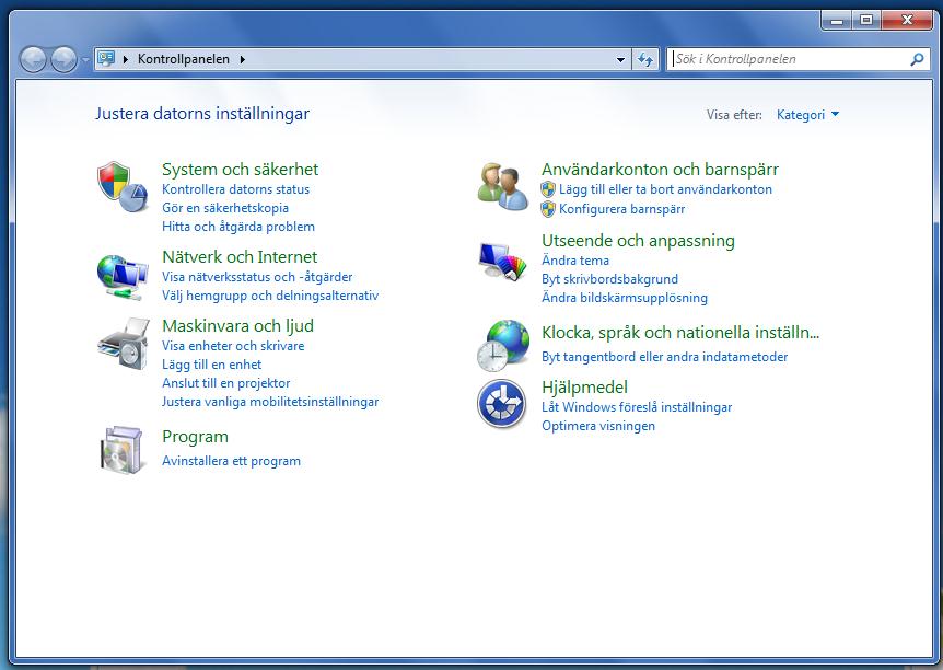 Kontrollpanelen Hittar du under Start, Kontrollpanelen.