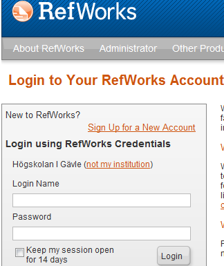 Komma igång med RefWorks Först måste man skaffa sig ett konto i RefWorks. Det gör man genom att gå till bibliotekets sida om RefWorks och klickar på länken RefWorks Login Center.