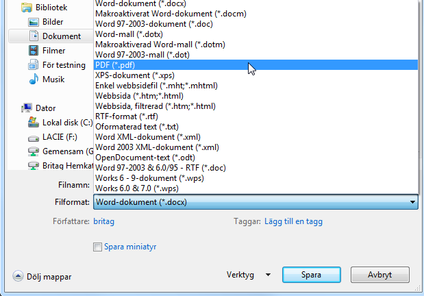 Spara text - Ångra Spara som PDF I Word 2010 kan du spara dokument i PDF-format 1. Menyfliken Arkiv 2. Välj Spara som 3. Byt filformat till PDF 4. Knappen Spara 1.