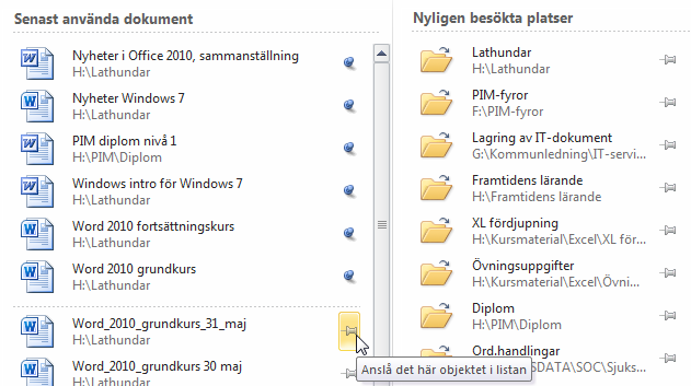 Öppna sparat dokument - Nåla fast dokument under Arkiv Öppna sparat dokument Det är mycket vanligt att du vill öppna ett tidigare sparat dokument för att göra redigeringar eller skriva ut det.