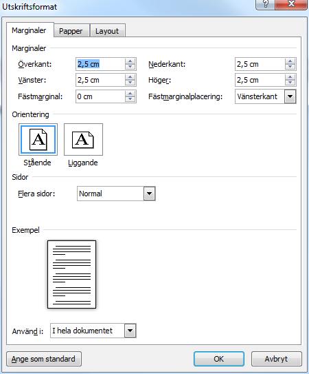 Format - Marginaler Marginaler Ytan mellan papperskant och text kallas marginal. Bredden på marginalerna styr textmassan, ju bredare marginaler, desto smalare skrivyta.