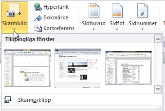 Bildhantering - Skärmklipp Skärmklipp Du kan snabbt infoga hela eller delar av det som visas på skärmen 1. Menyfliken Infoga 2. Klicka på knappen Skärmbild och välj önskat fönster.