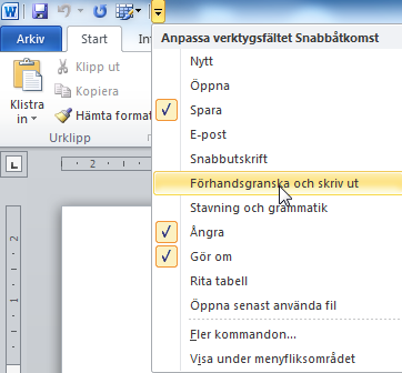 Anpassningar - Inställningar för programmen Snabbstartfältet Allra längst upp till vänster finns snabbstartfältet. Där kan du lägga till kommandon du ofta använder.