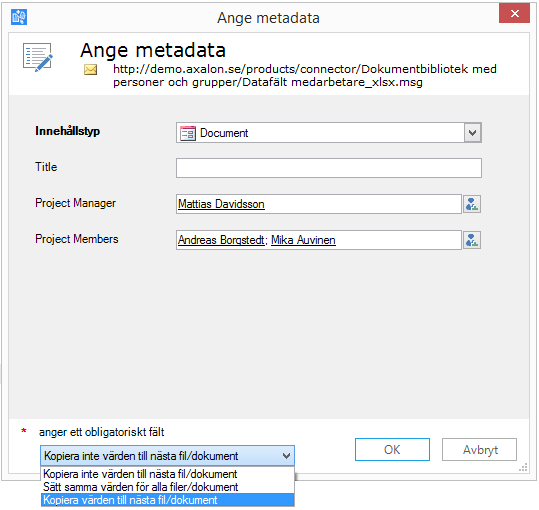 Beroende på vald innehållstyp och om det valda dokumentbiblioteket har några metadatafält så visas ytterligare en dialog för inmatning av metadatafält enligt nedan.