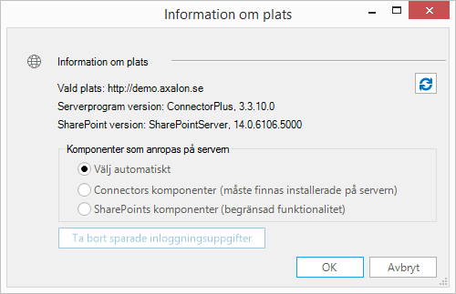 Dialogen visar på första fliken en lista med de fördefinierade platserna där användaren själv inte kan ändra informationen. På andra fliken visas en lista med användarens personliga favoritplatser.