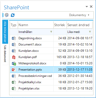 Listan med dokument har samma funktioner som i Connectorns övriga dialoger.