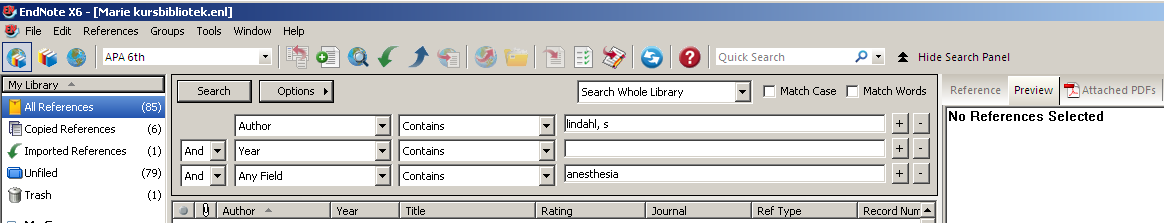 Menyraden i EndNote X6 1 2 3 4 5 6 7 1. Låta EndNote leta efter artiklar och lägga till i ditt bibliotek 2. Öppna en fil som är kopplad till en markerad referens. Referensen har ett gem 3.