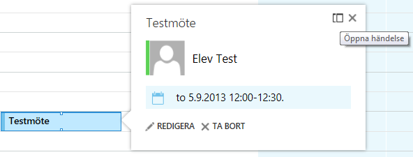 Kalender Nytt möte o Klicka på schemat vid den tidpunkt som mötet skall hållas och ange mötets rubrik. o Noggrannare tider / upprepningar fås genom att klicka på mötet och välja redigera.
