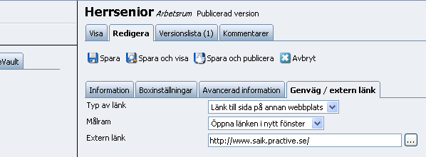 Avancerad information Visa sidan i menyer Här kan du välja att inte visa sidan i menyer. Sidan ligger dold utåt och visas bara i strukturen när man är inloggad som administratör eller redaktör.