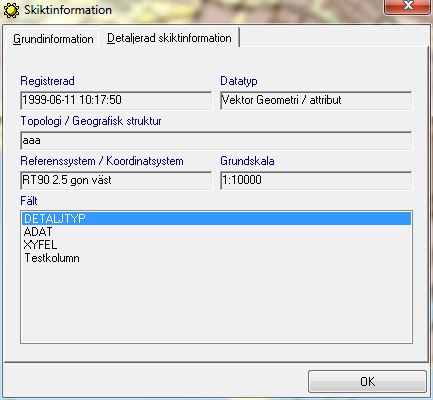 Fliken Detaljerad information Registrerad Datum då skiktet registrerades i MetaDataBasen. Datatyp Valfri text som beskriver skiktets datatyp, exempel Vektor eller Raster.
