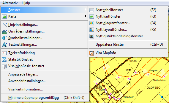 Alternativ>Fönster Nytt tabellfönster Nytt kartfönster Nytt diagramfönster... Nytt layoutfönster... Nytt distriktsindelningsfönster... Uppdatera fönster Öppnar ett nytt tabellfönster.