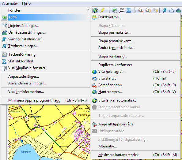 Alternativ>Karta Menyvalet är bara aktivt när kartfönstret är det aktiva fönstret. Under denna meny finns bland annat MapInfos lagerstyrning samt möjlighet att skapa egna tematiska kartor.