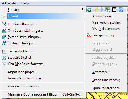 Alternativ>Layout Menyvalet är bara aktivt när layoutfönstret är det aktiva fönstret. Under denna meny justeras egenskaperna för aktivt layoutfönster.