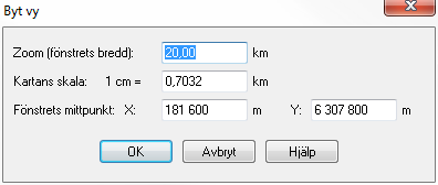 Huvudverktyg - extraverktyg Byt vy Öppnar formuläret Byt vy där det är möjligt att ange en önskad centrumkoordinat, zoomnivå och skala. I formuläret går det att välja zoomnivå eller kartskala.
