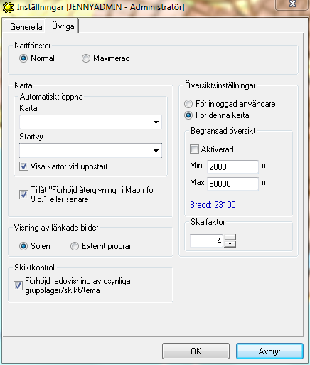 Fliken Övriga Kartfönster Denna inställning styr om huvudkartans fönster skall öppnas i normalt eller maximerat läge.