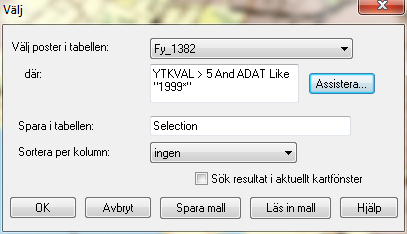 Knappen Hjälp öppnar hjälpen för MapInfo Professional där funktioner och operatorer är mer utförligt beskrivna. Ange namn för det utsökta urvalet i rutan Spara i tabellen:.