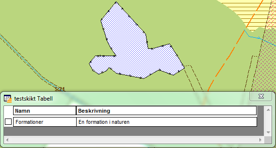 4. Det är nu möjligt att rita in nya områden i kartan, vanligen med verktyget Polygon. 5. Ta fram skiktets tabellfönster för att skriva in information (attributdata) för området i tabellen.