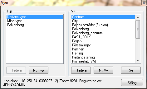 9 VYHANTERING Verktyget Hämta och spara vyer eller menyvalet Alternativ>Karta>Hantera vyer... öppnar dialogen Vyer Vyer är en form av genväg till förutbestämda visningar av kartan.