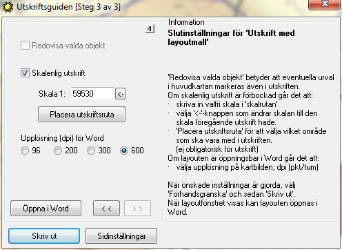 Här visas ett exempel på den expanderade guiden. Gå vidare i guiden med knapparna >>, <<, Skriv ut, Förhandsgranska samt Sidinställningar Knapparna är bara aktiva när de har någon funktion.