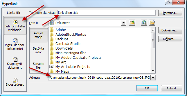 Högerklicka på markeringen Klicka på Hyperlänk Du får dialogrutan Hyperlänk Kontrollera att Befintlig fil eller webbsida är valt i Länka till längst till vänster Överst ser du vad som kommer att bli