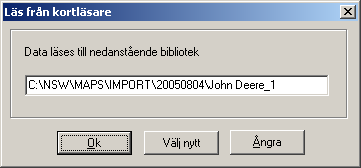 När du väljer knappen Läs in framkommer denna dialog. Här kommer programmet föreslå den mapp, som avkastnings-filerna från PC kortet kopieras till. Du kan ev. ändra placering.