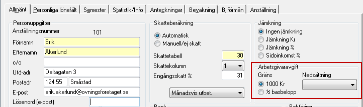 Om du av misstag i registret Anställda har markerat att gräns för arbetsgivaravgift på en anställd är ½ prisbasbelopp istället för 1 000 kr, kommer värdet i ackumulator 111 att vara högre än i ruta