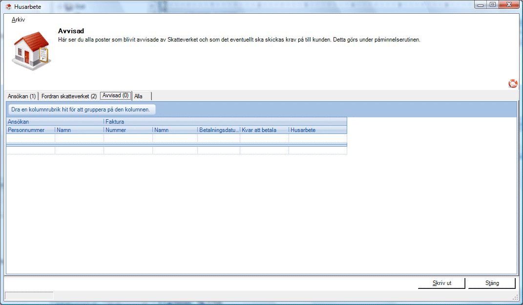 Fordran Skatteverket I fliken Fordran skatteverket ser du alla fakturor som har status skickad och status Klar för ansö- kan dvs alla som har blivit ombokade till det kundfordringskonto för delad