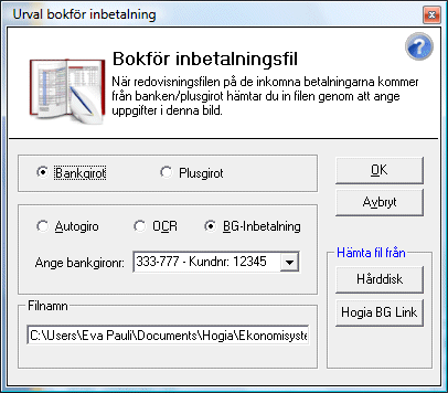 Kundinbetalning När betalningen från kunden kommer kan du registrera betalningen genom att läsa in fil eller via manuell betalning i grundboken.